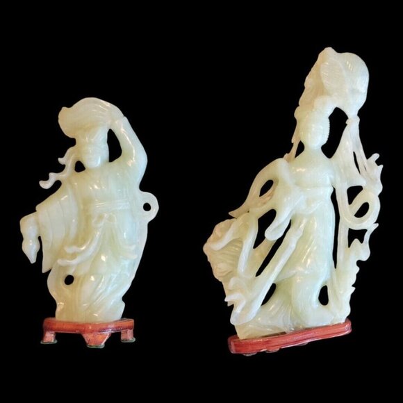 Set of 4 Vintage GESHIA's Asian Italy Green Jadeite Glass Figurines Wood Base - Picture 16 of 16
